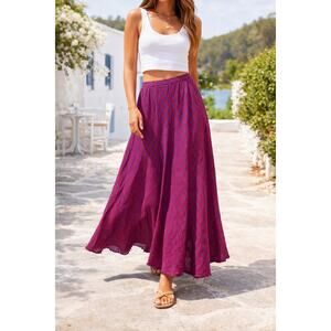 HOLTE Pink & Purple Plaid 100% Linen Maxi Skirt Raw Hem Pull On Sz 3 M